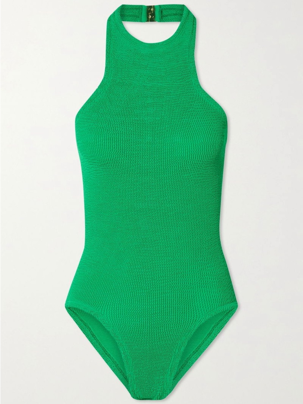 New Hunza G Polly Green High Halter Neck Gold Clasp Smocked Swimsuit/Bodysuit